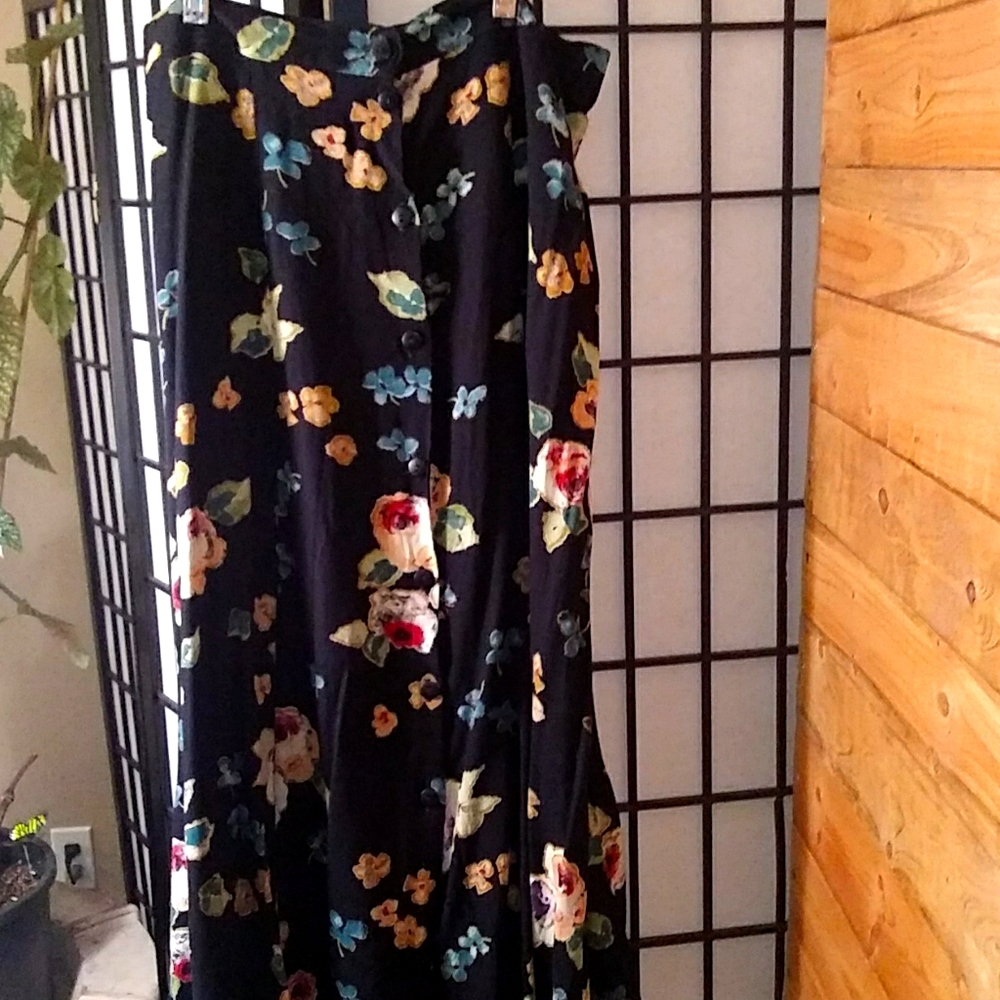 Navy Blue Floral Print Maxi Skirt